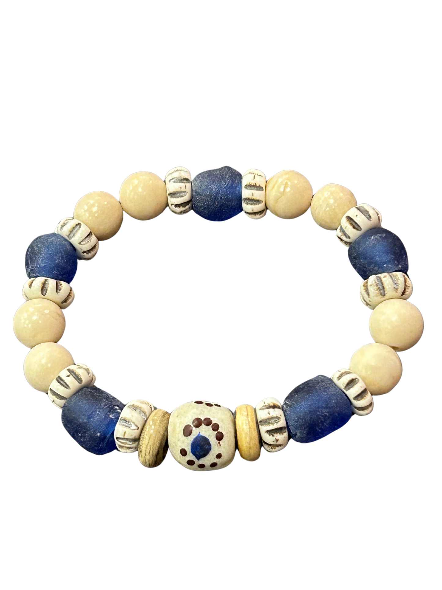 Cream Jasper with Deep Blue and Krobo Bead Bracelet