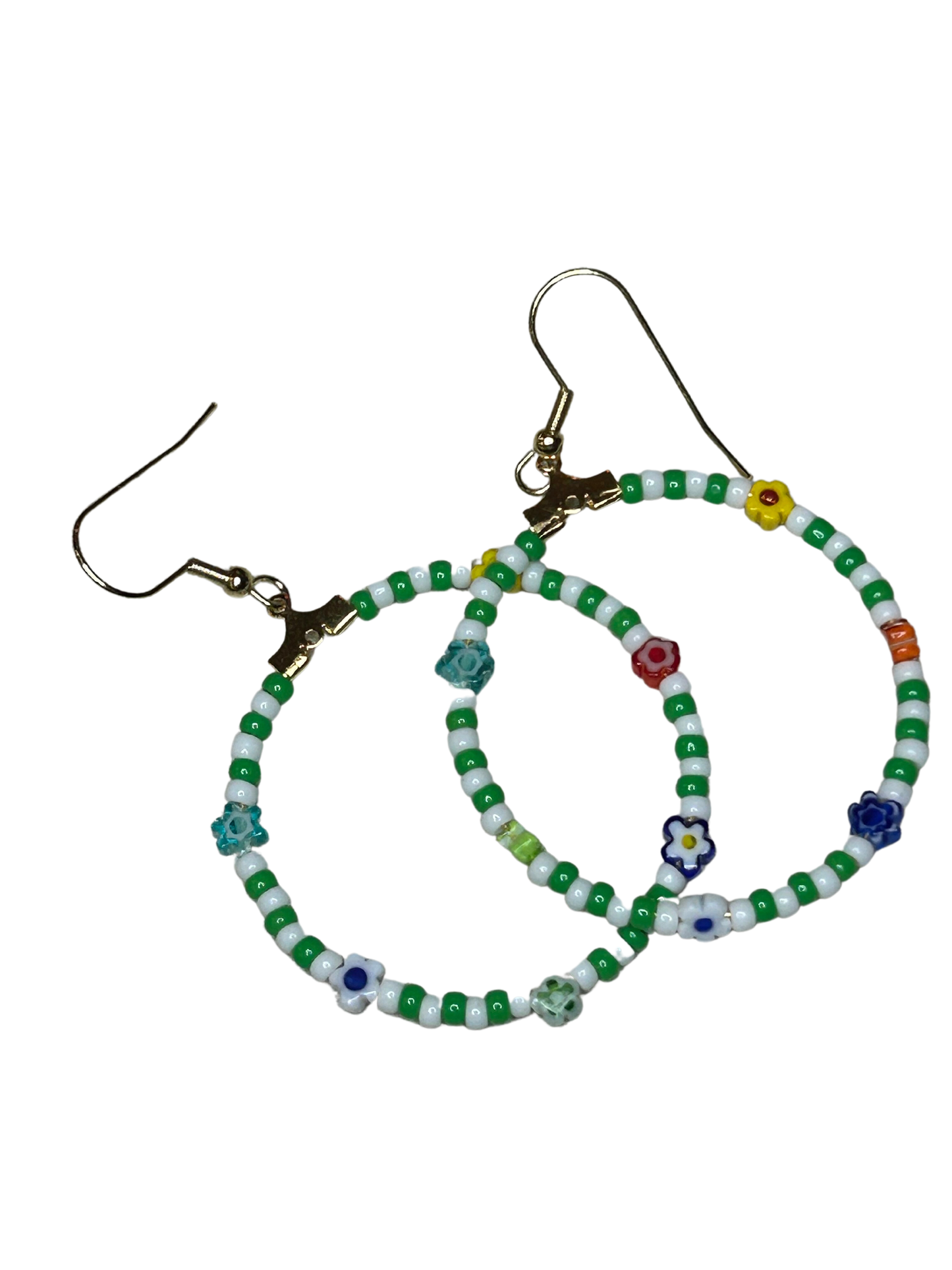 Green and White Seed Bead and Flower Hoop Earrings