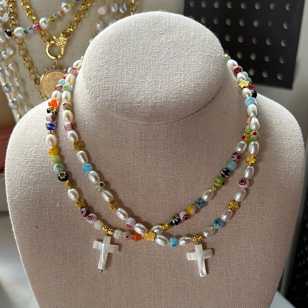 Millefiore with Mother of Pearl Cross Necklace