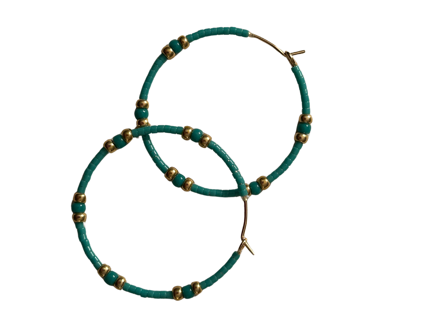 Teal and Gold Beaded Hoop Earrings