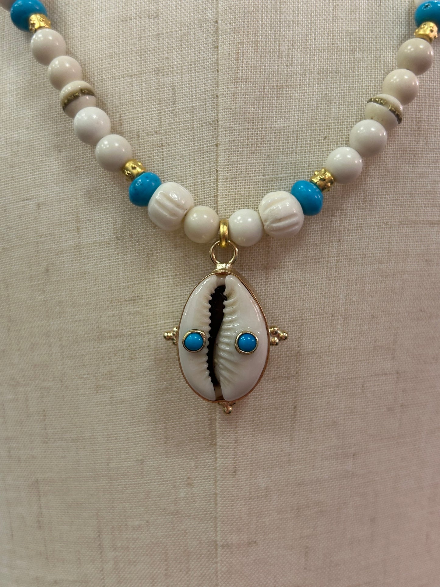 Natural Cowrie Shell with Turquoise Gemstones