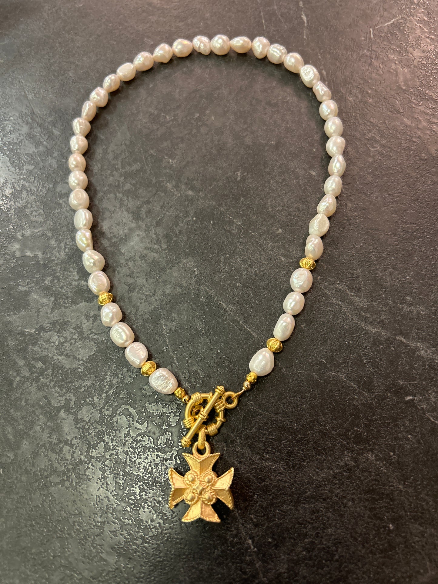 Matte Gold pearl with French Cross Necklace