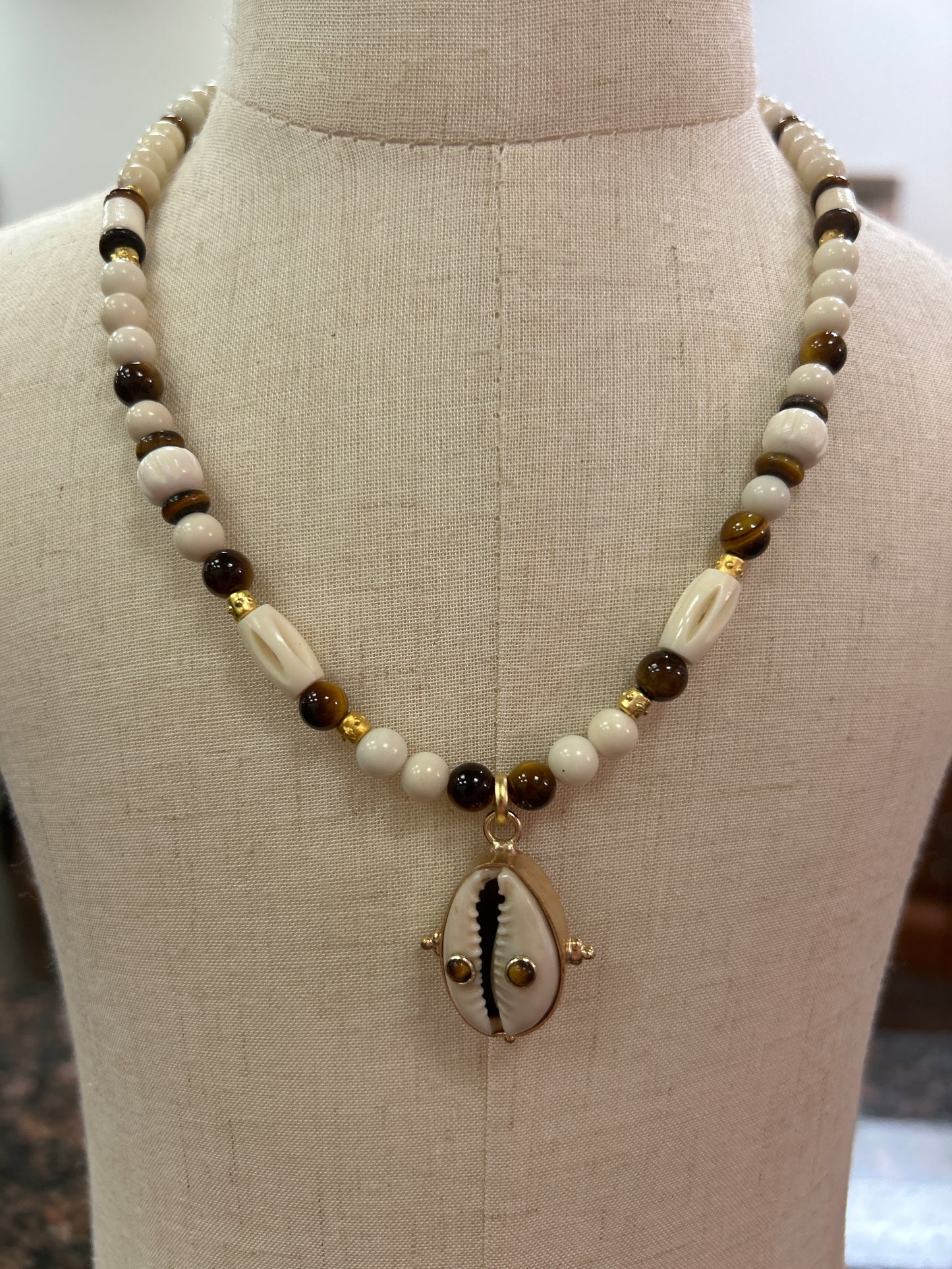 Natural Cowrie Shell with Natural Tiger's Eye Gemstones