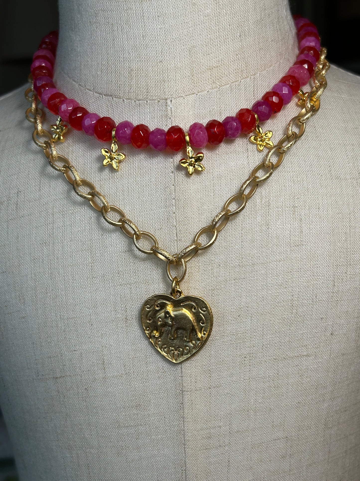 Matte Gold Heart with Elephant Necklace on Chain