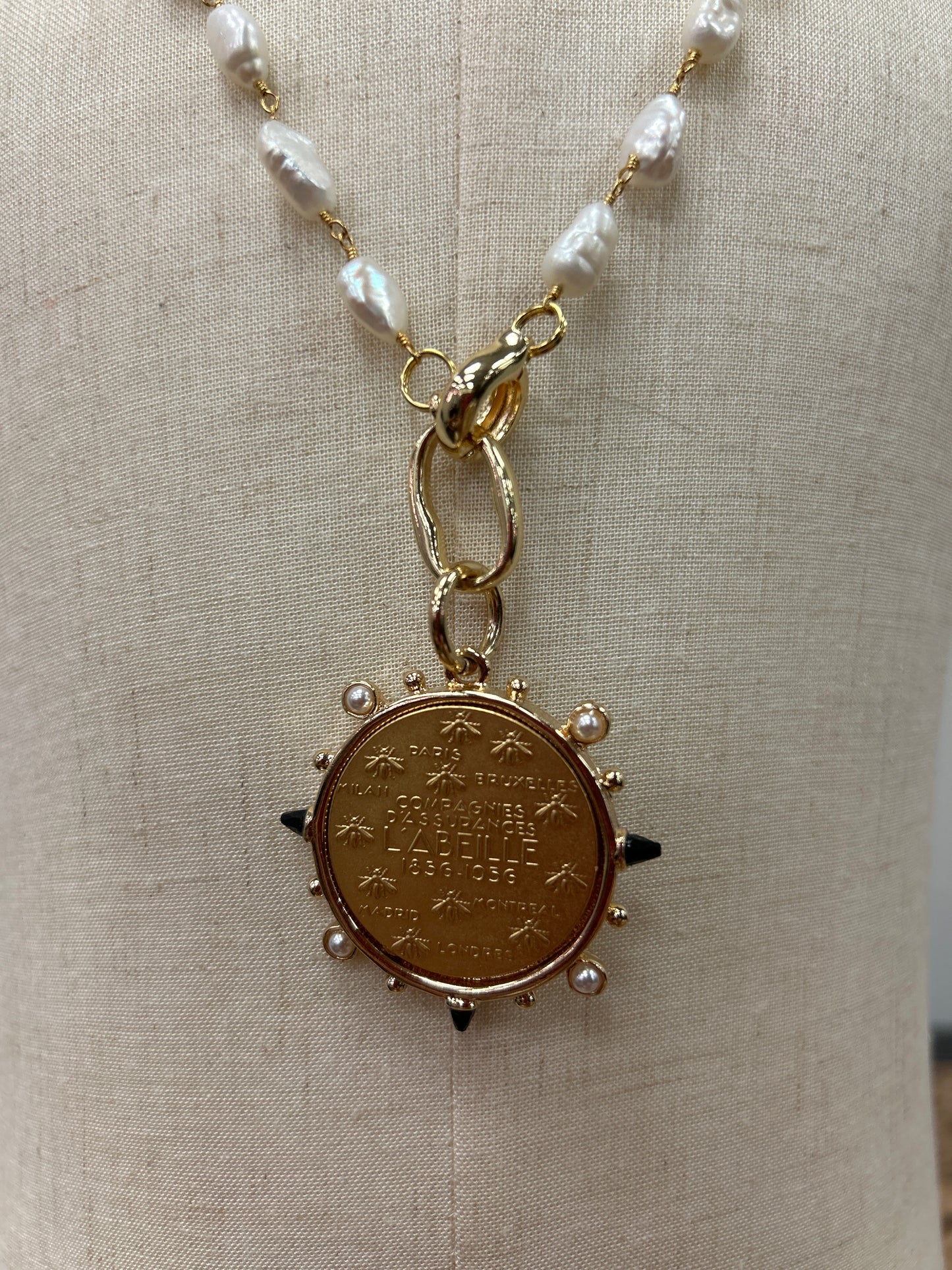 Short Pearl Rosary Chain with Replica Coin Necklace