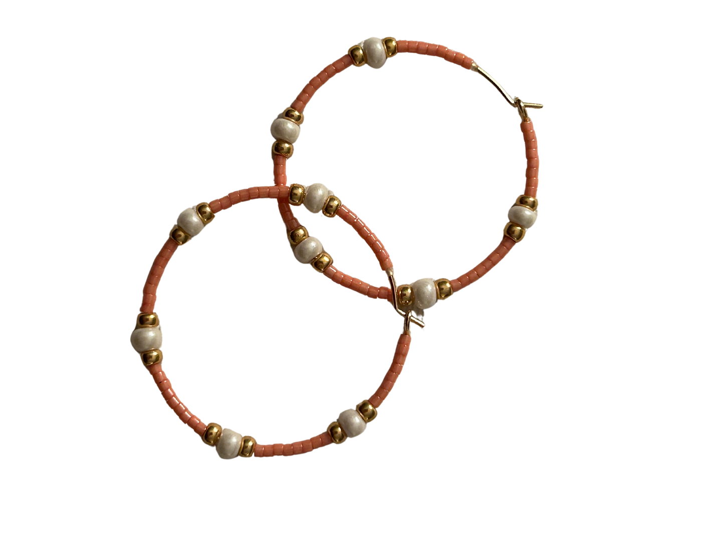 Coral and Pearl Beaded Hoop Earrings
