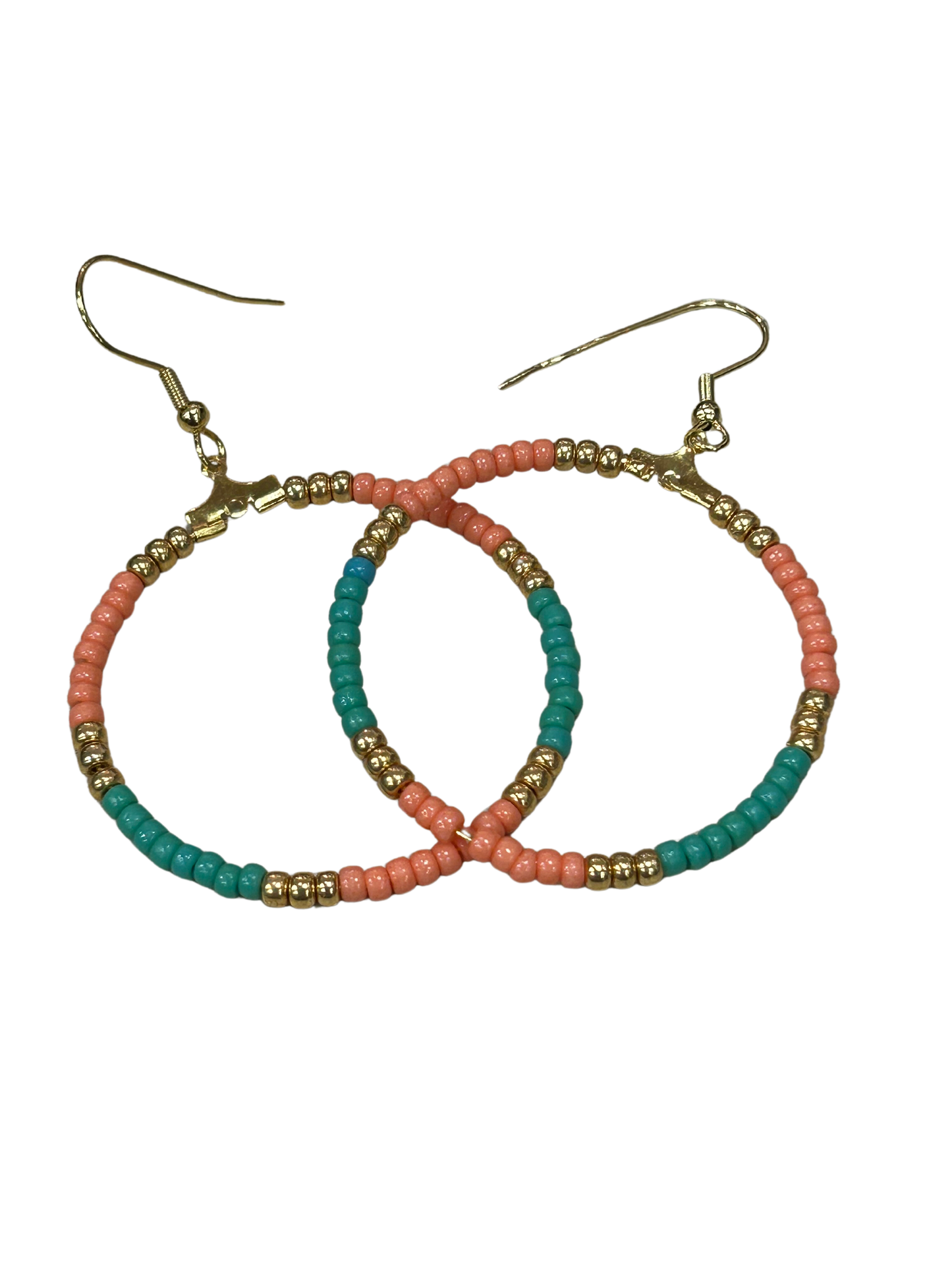 Coral and Green Beaded Hoop Earrings