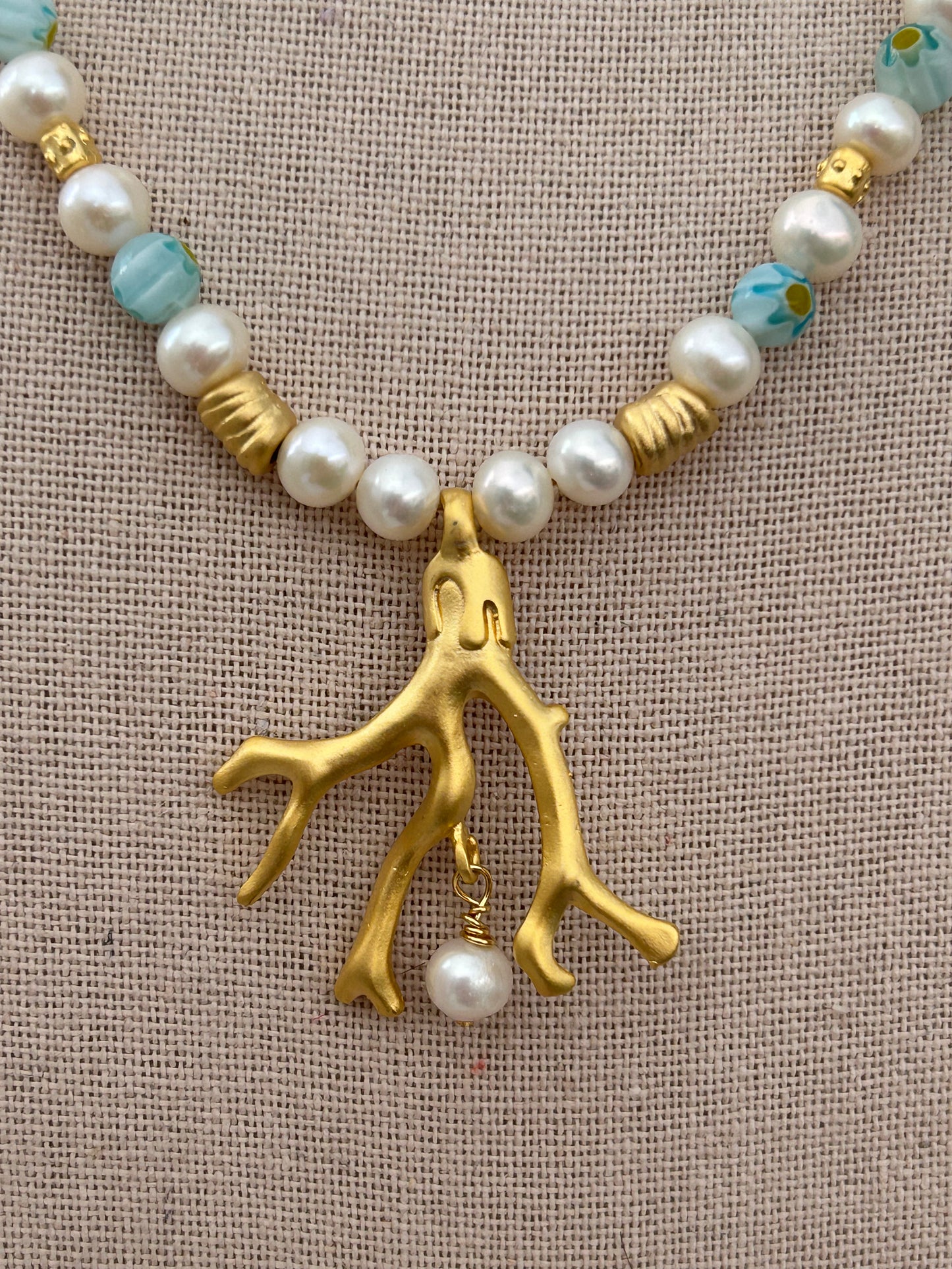Pearl with Gold Coral Pendant Necklace