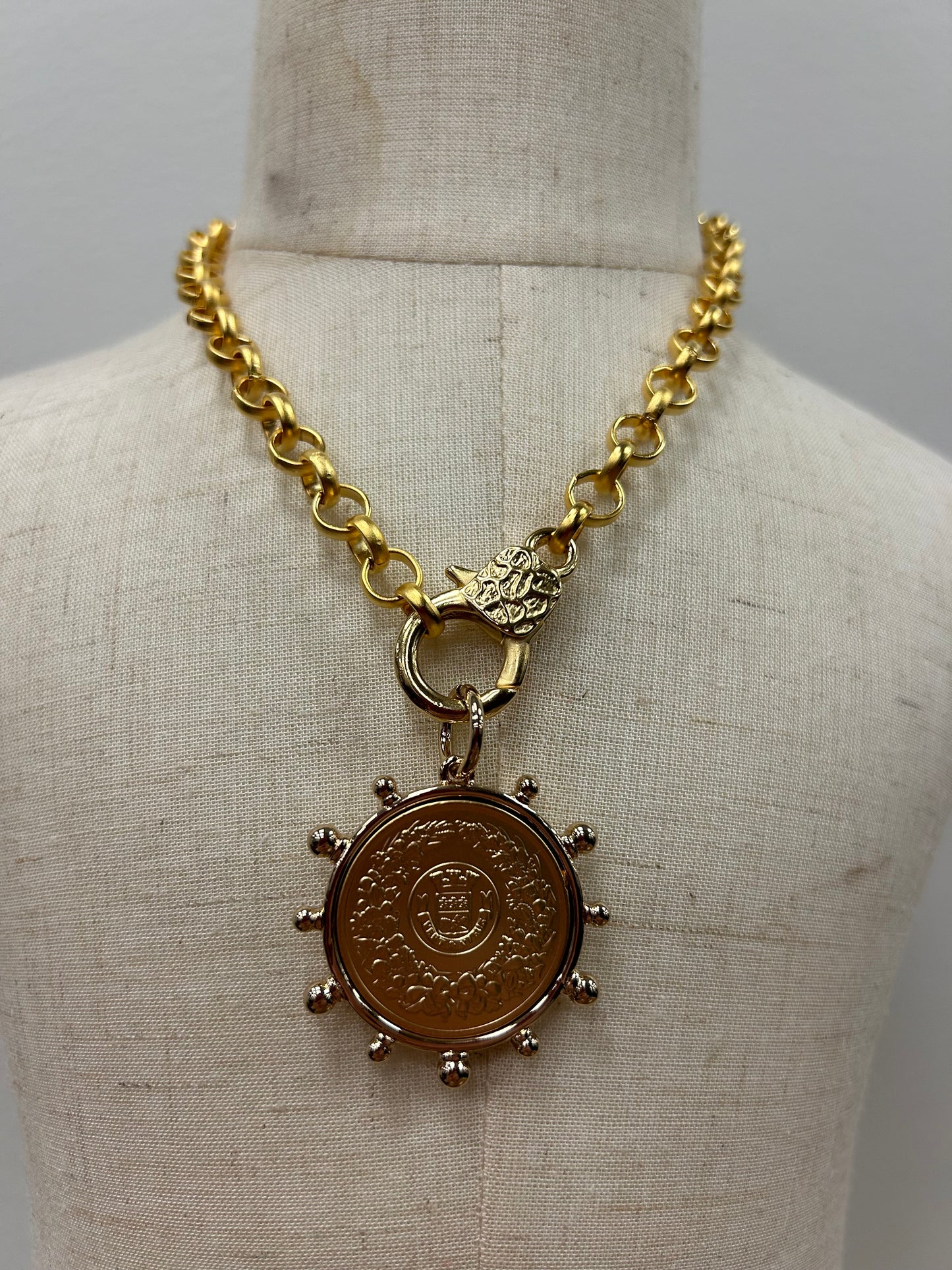 French Coin Necklace with Carabiner Clasp