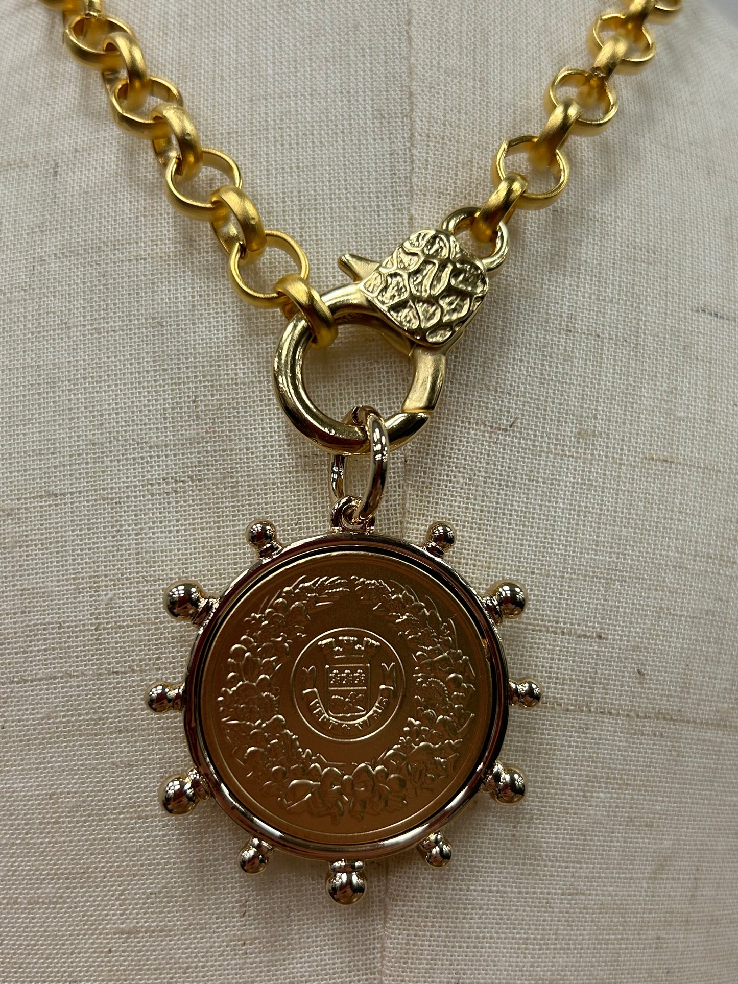 French Coin Necklace with Carabiner Clasp