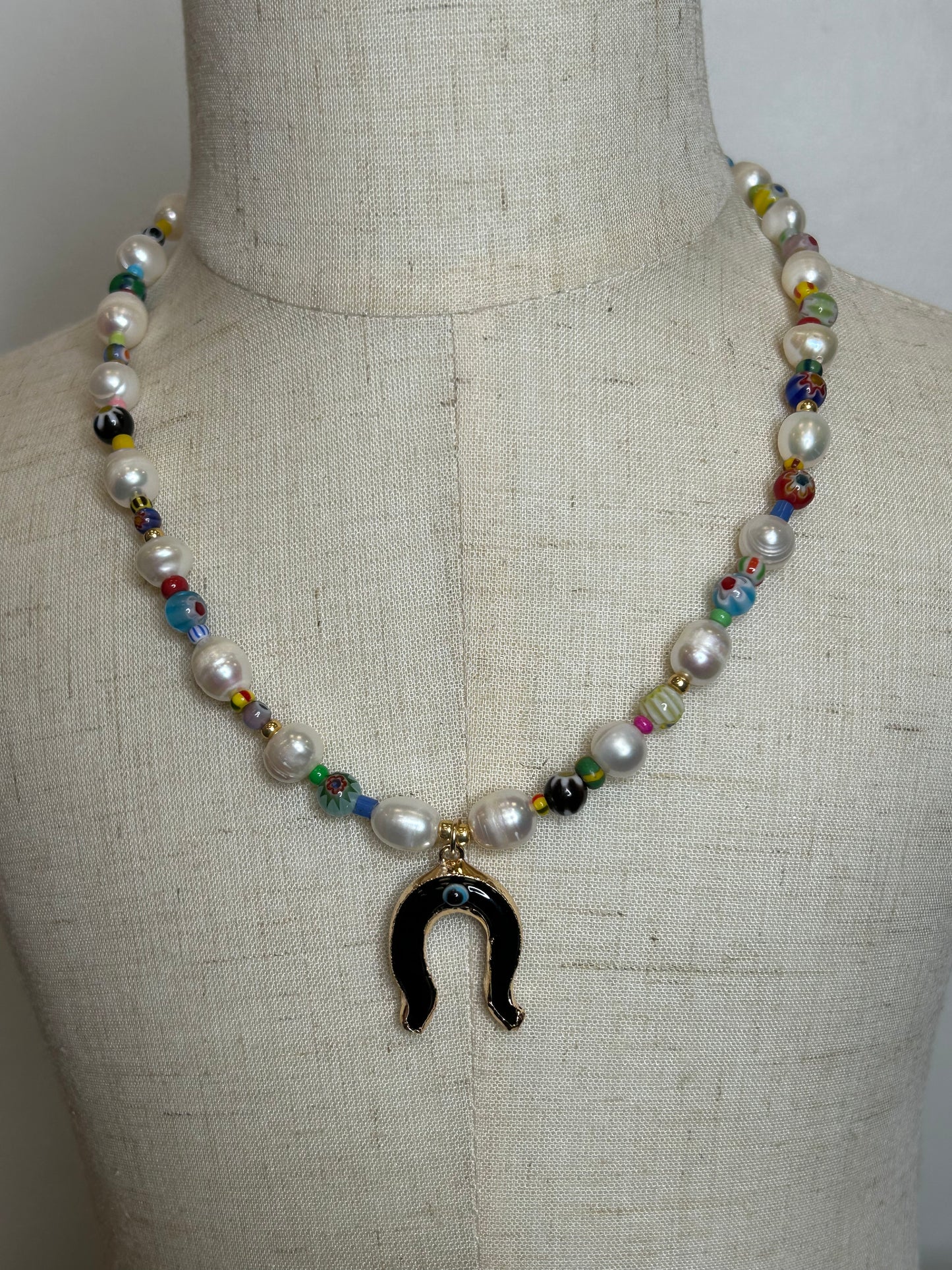 Millefiore with Pearl Horseshoe Necklace