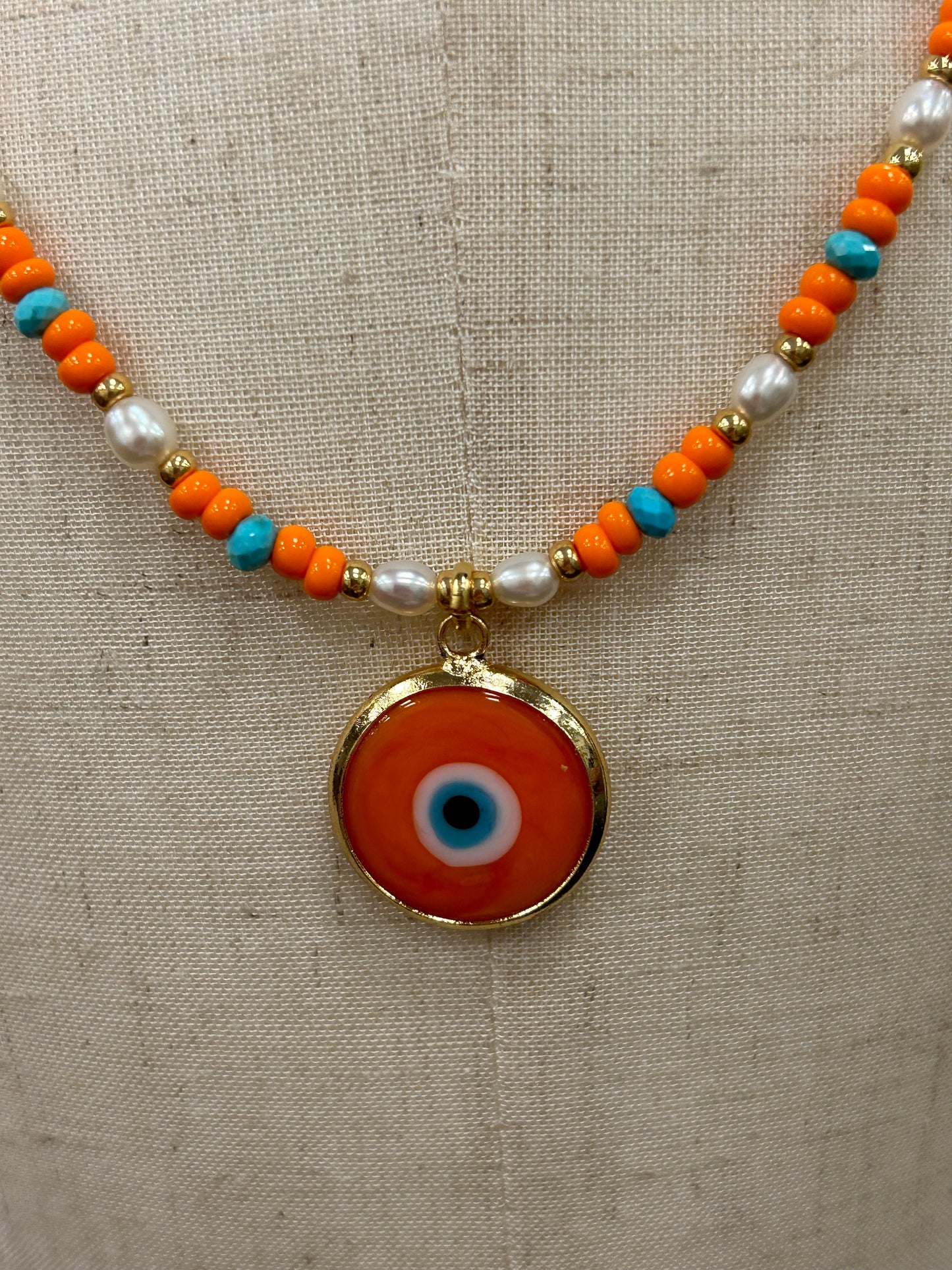 Orange Evil Eye Charm Necklace with Pearls and Beads