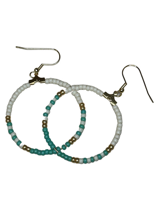 Turquoise and Cream Beaded Hoop Earrings