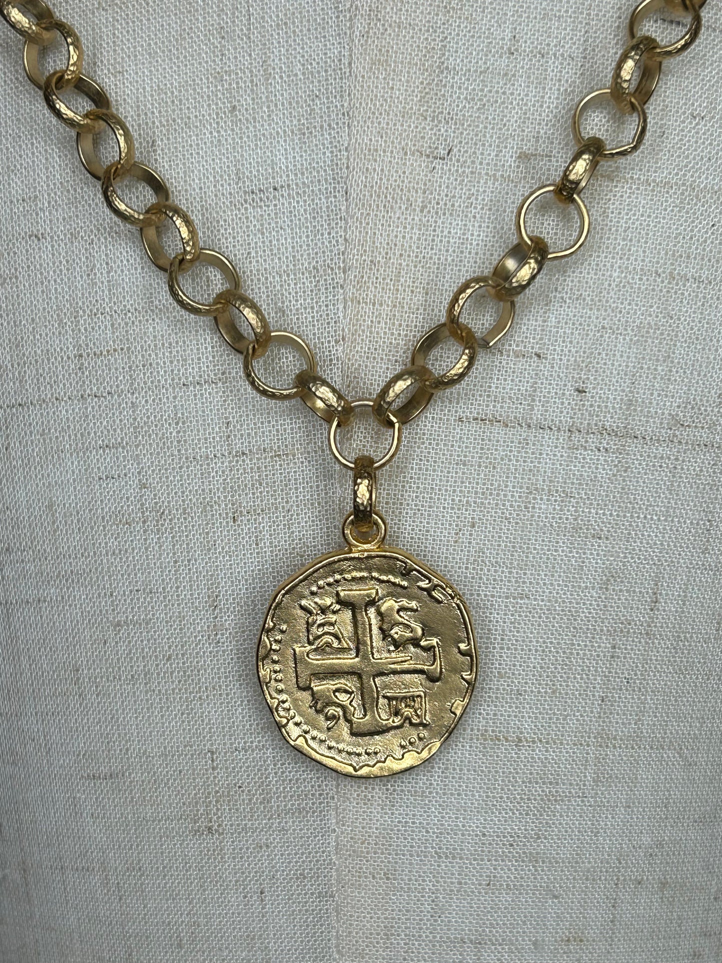 Matte Gold Disk with French Cross Necklace