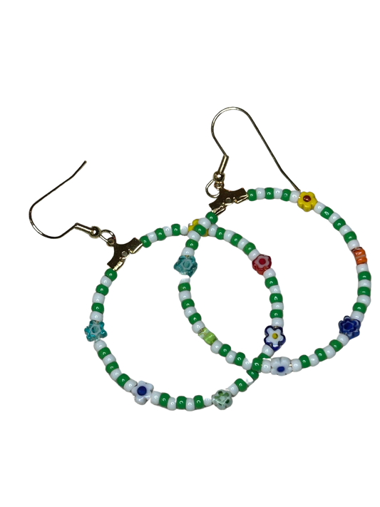 Green and White Seed Bead and Flower Hoop Earrings