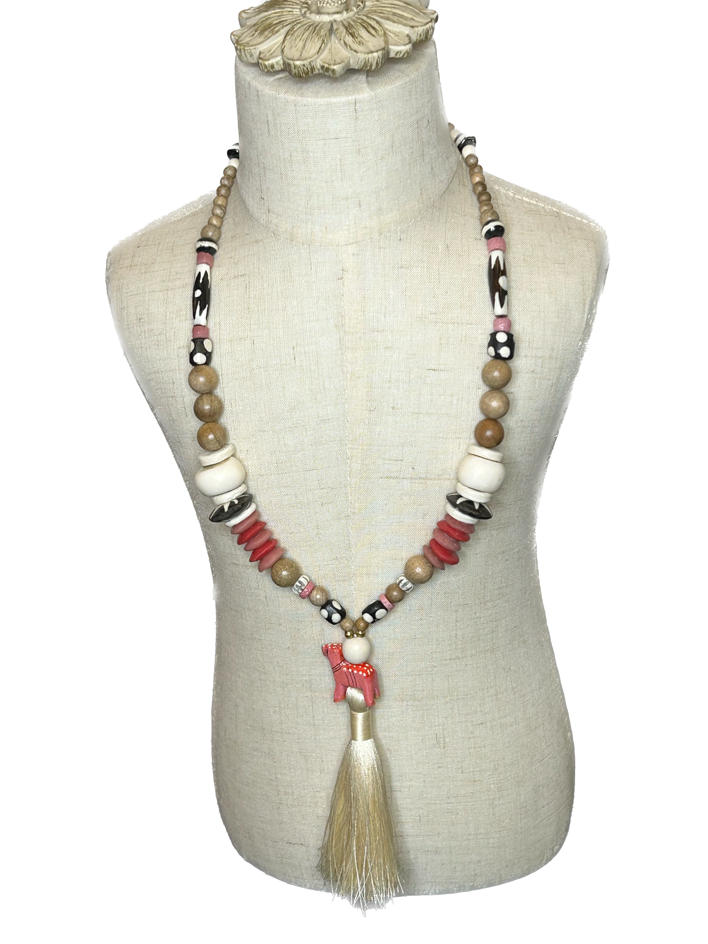 Pink Animal and Wood Bead Necklace with Tassel