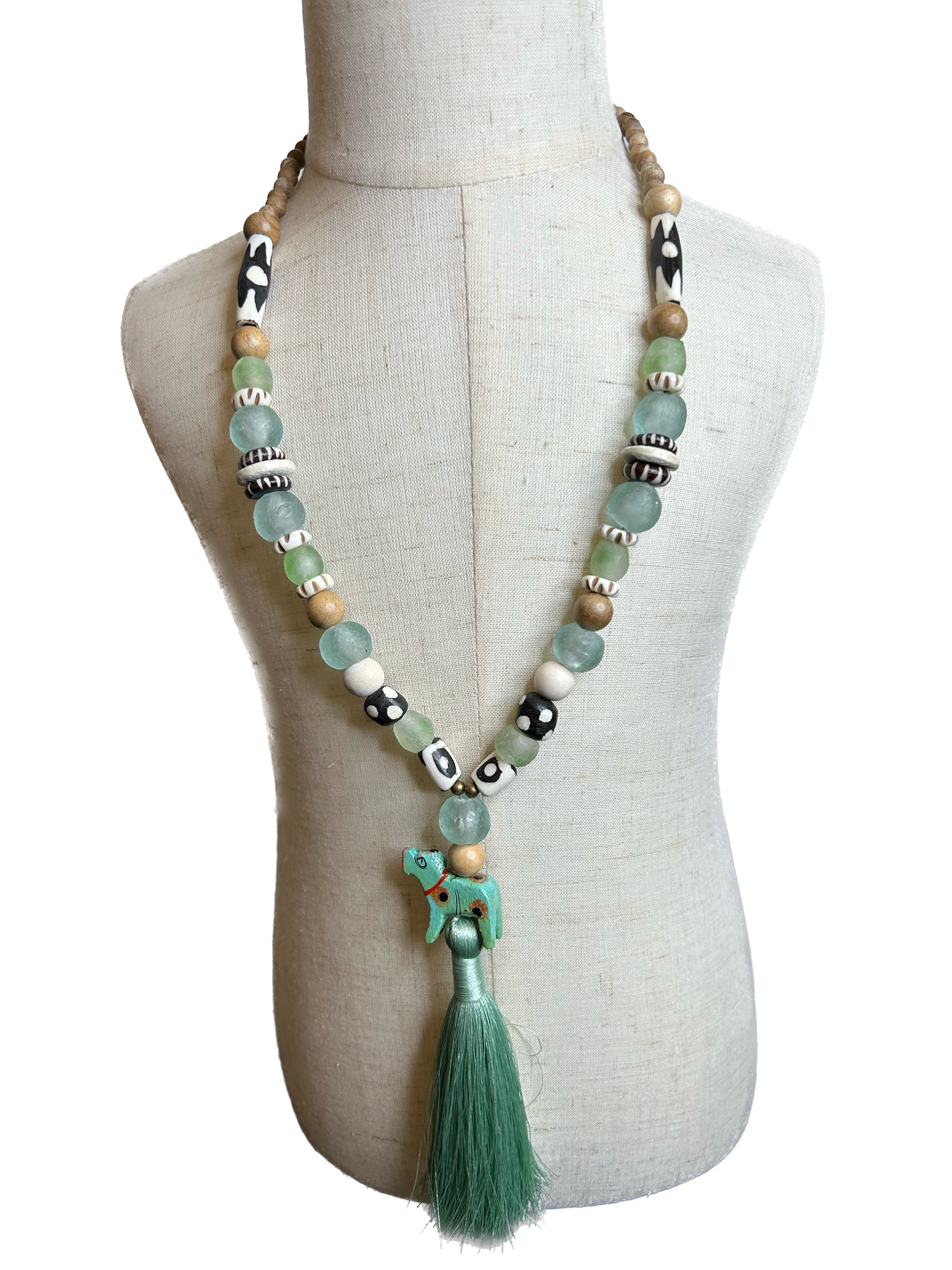 Sea Green Animal and Wood Bead Necklace with Silky Tassel