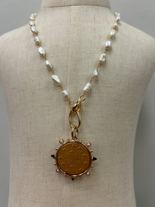 Short Pearl Rosary Chain with ReplicaCoin Necklace