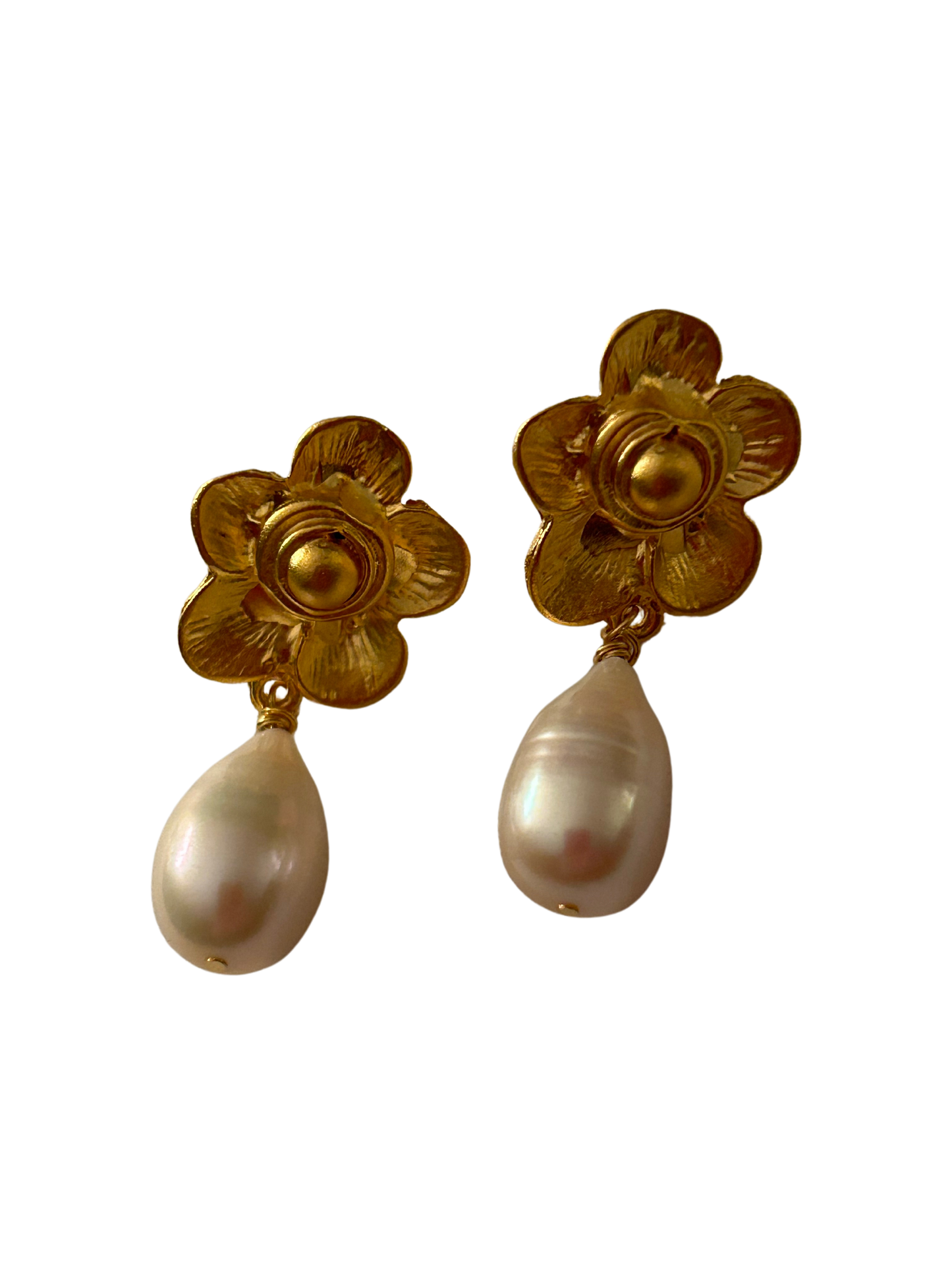 Matte Gold Flower with Natural Pearl Drop Earrings