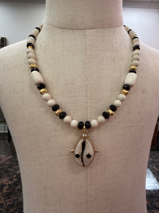 Natural Cowrie Shell with Black Onyx Gemstones