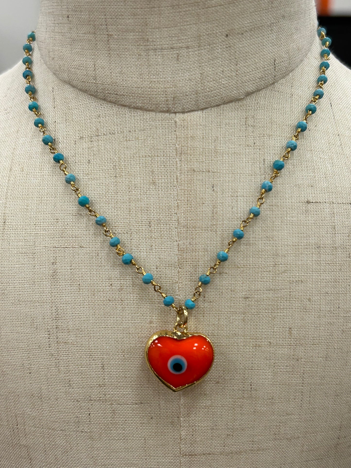 Orange Evil Eye Heart Necklace