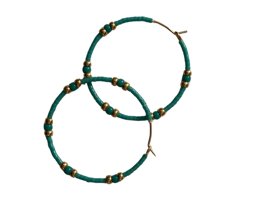 Teal and Gold Beaded Hoop Earrings