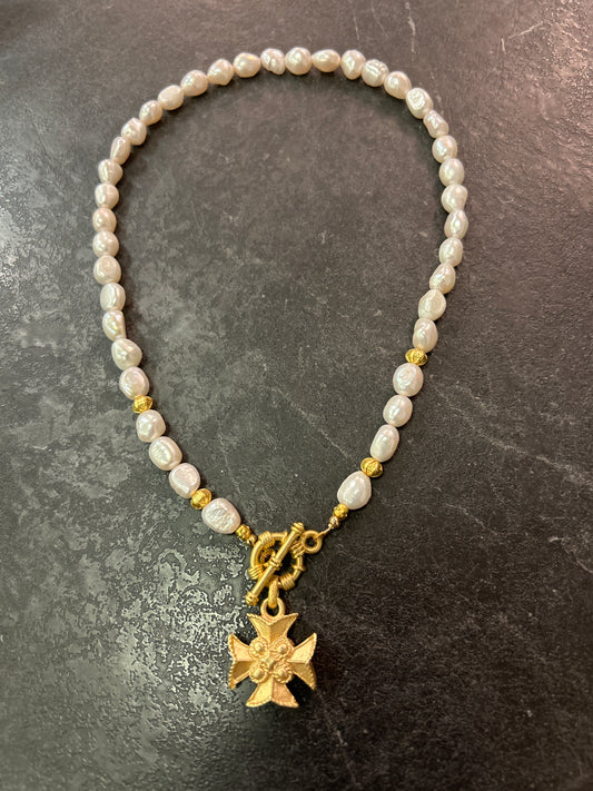 Matte Gold pearl with French Cross Necklace