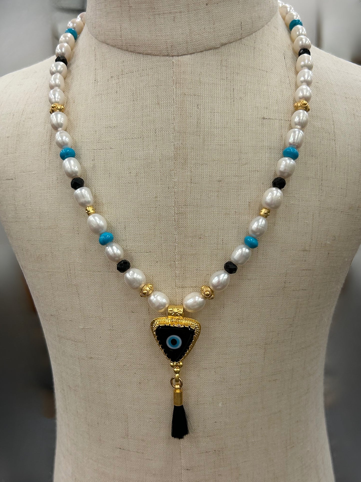 Pearl Necklace with Black Evil Eye Pendant