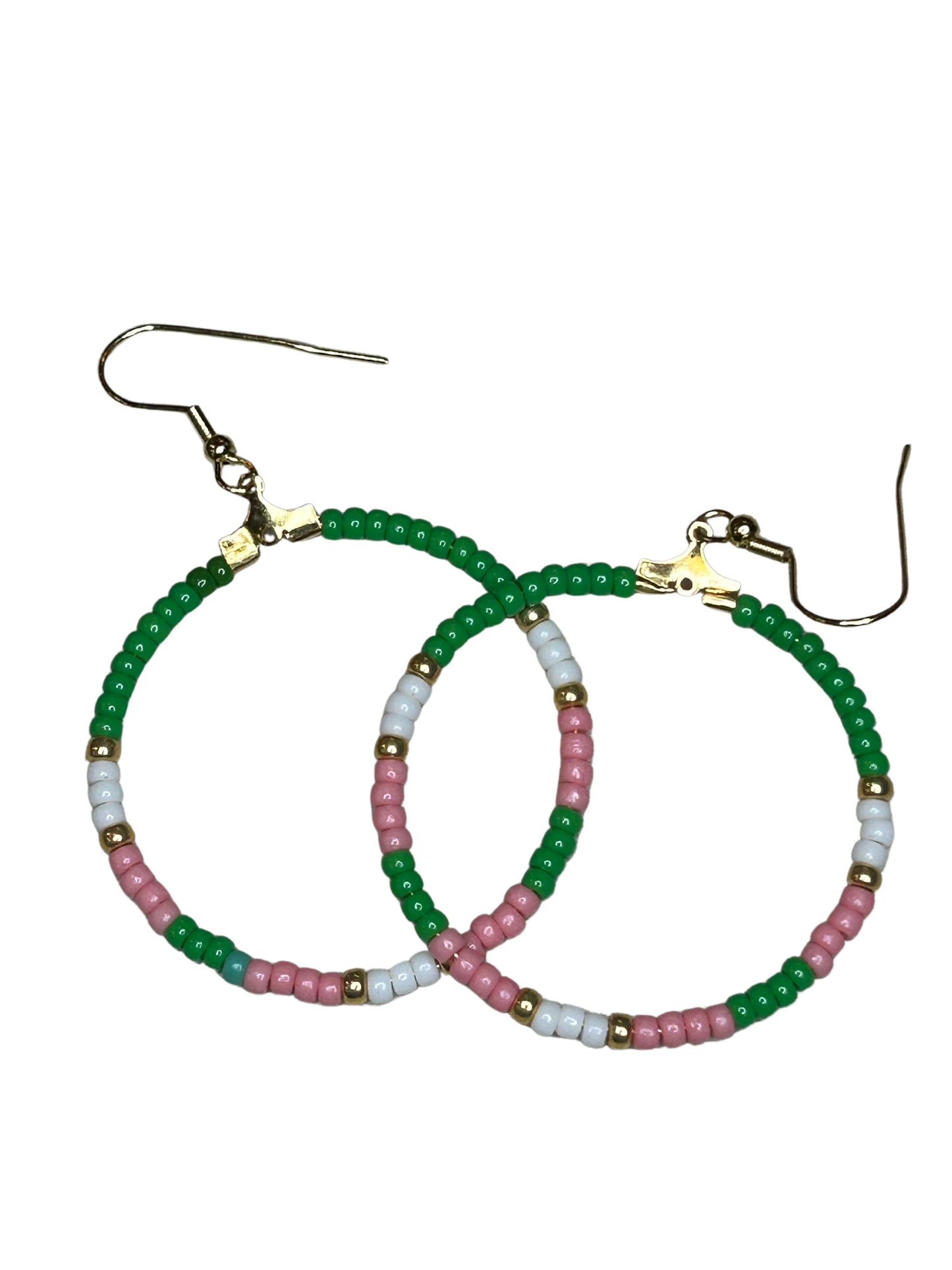 Pink and Green Beaded Hoop Earrings