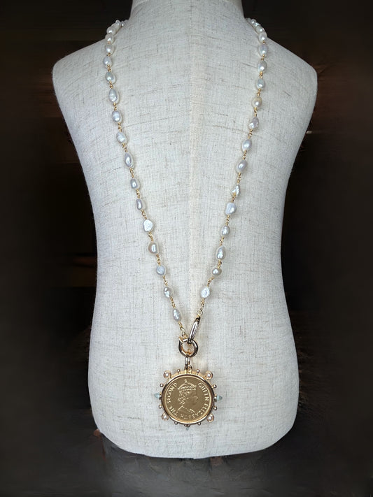 Pearl Rosary Chain with ReplicaCoin Necklace