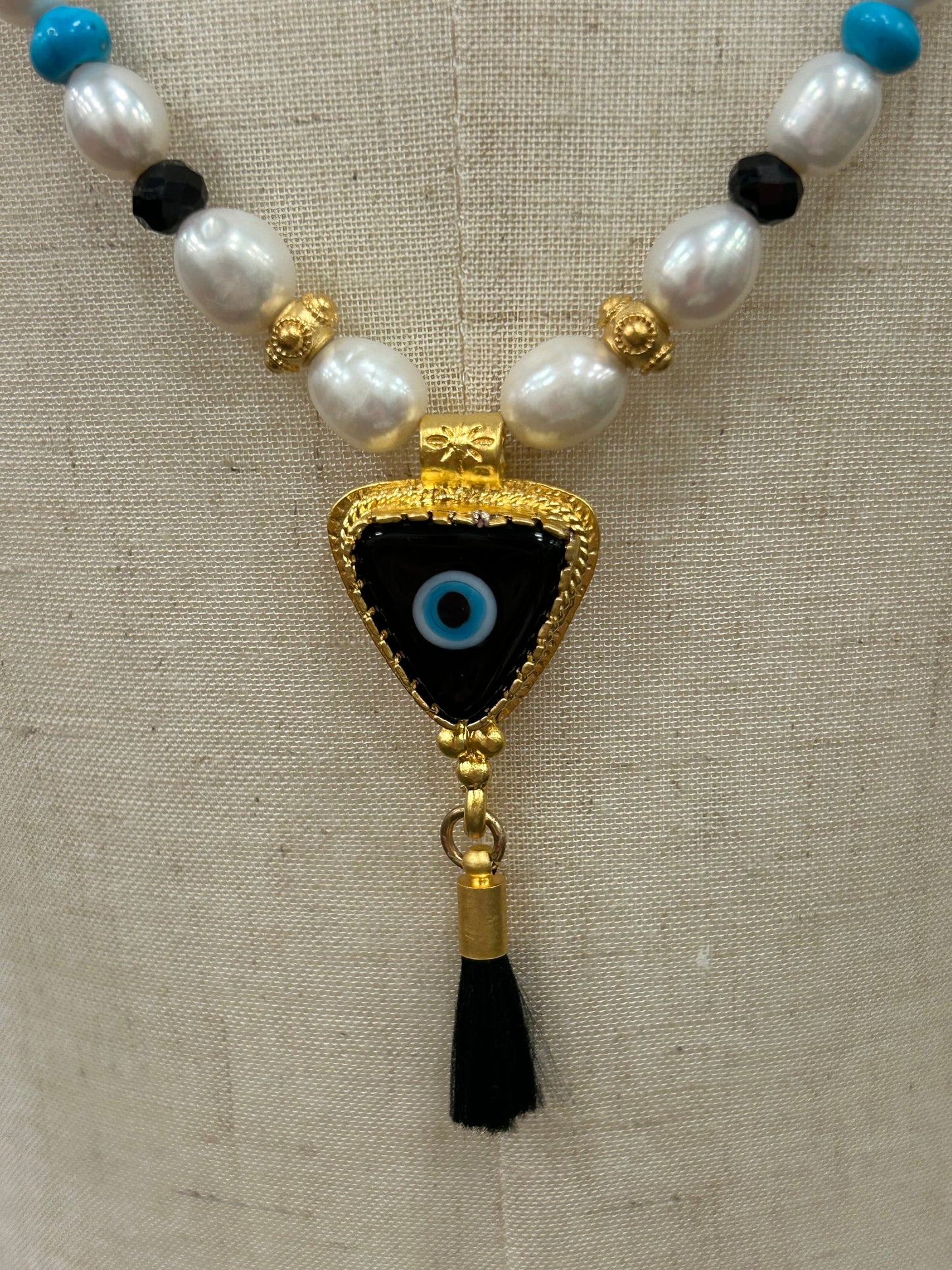 Pearl Necklace with Black Evil Eye Pendant