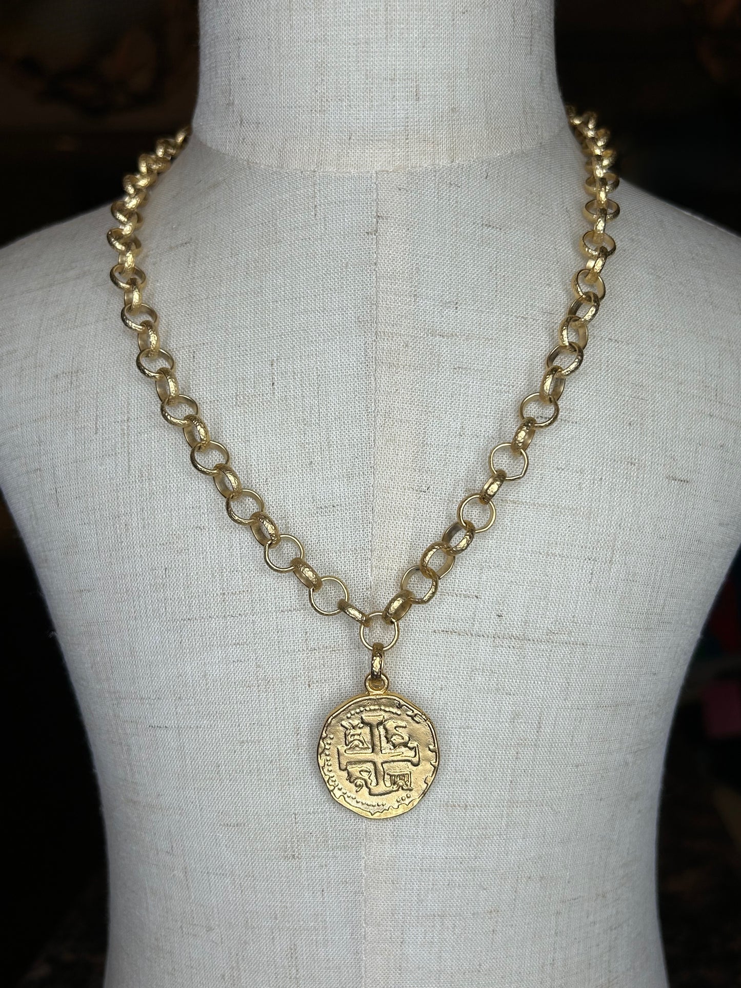 Matte Gold Disk with French Cross Necklace