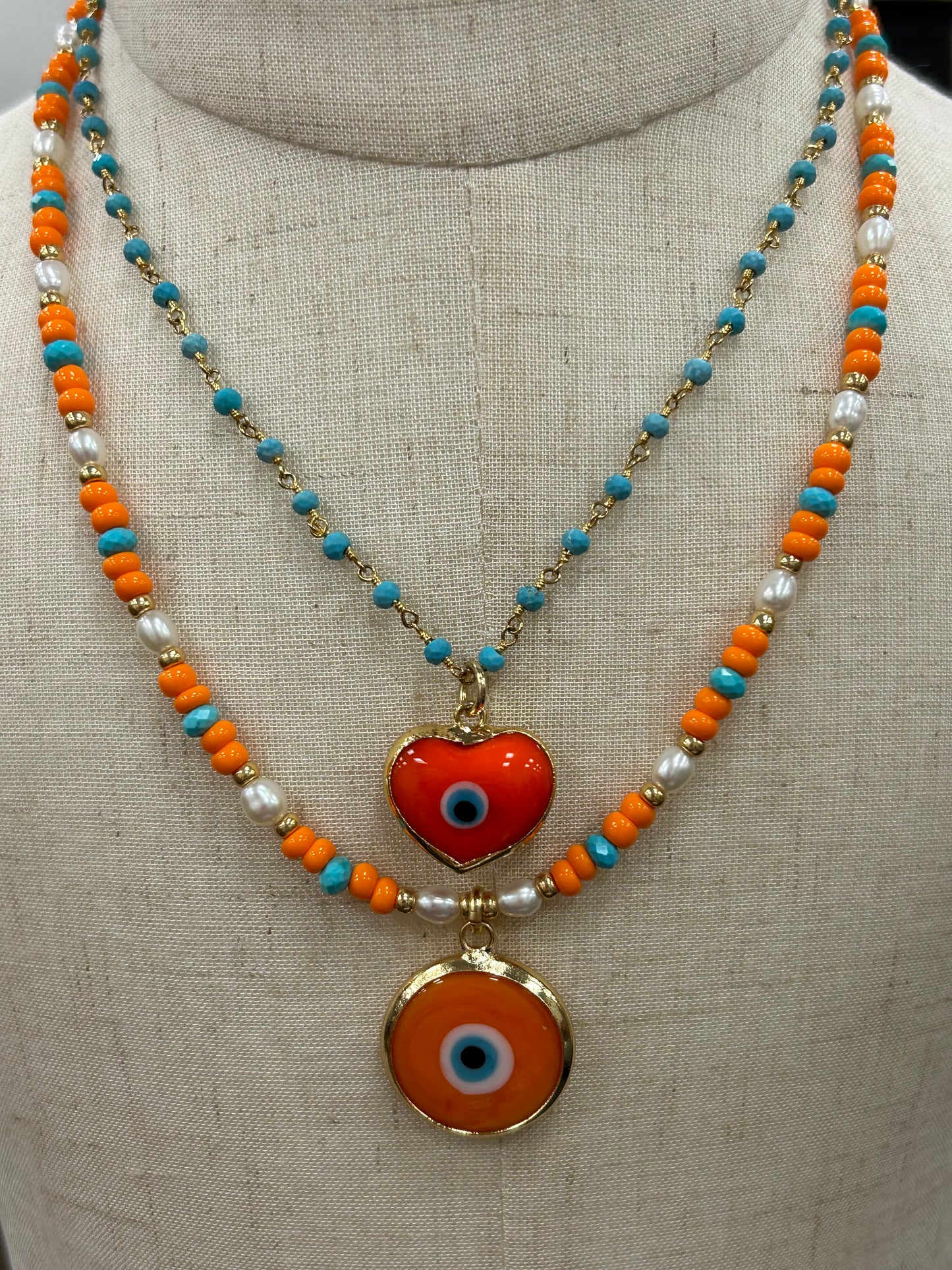Orange Evil Eye Charm Necklace with Pearls and Beads