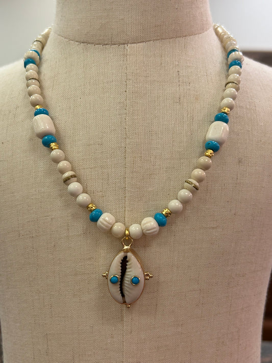 Natural Cowrie Shell with Turquoise Gemstones