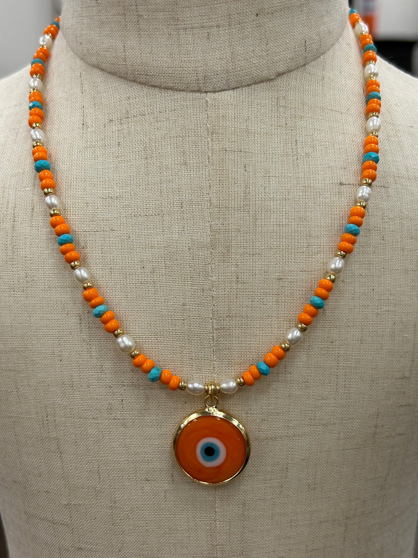 Orange Evil Eye Charm Necklace with Pearls and Beads