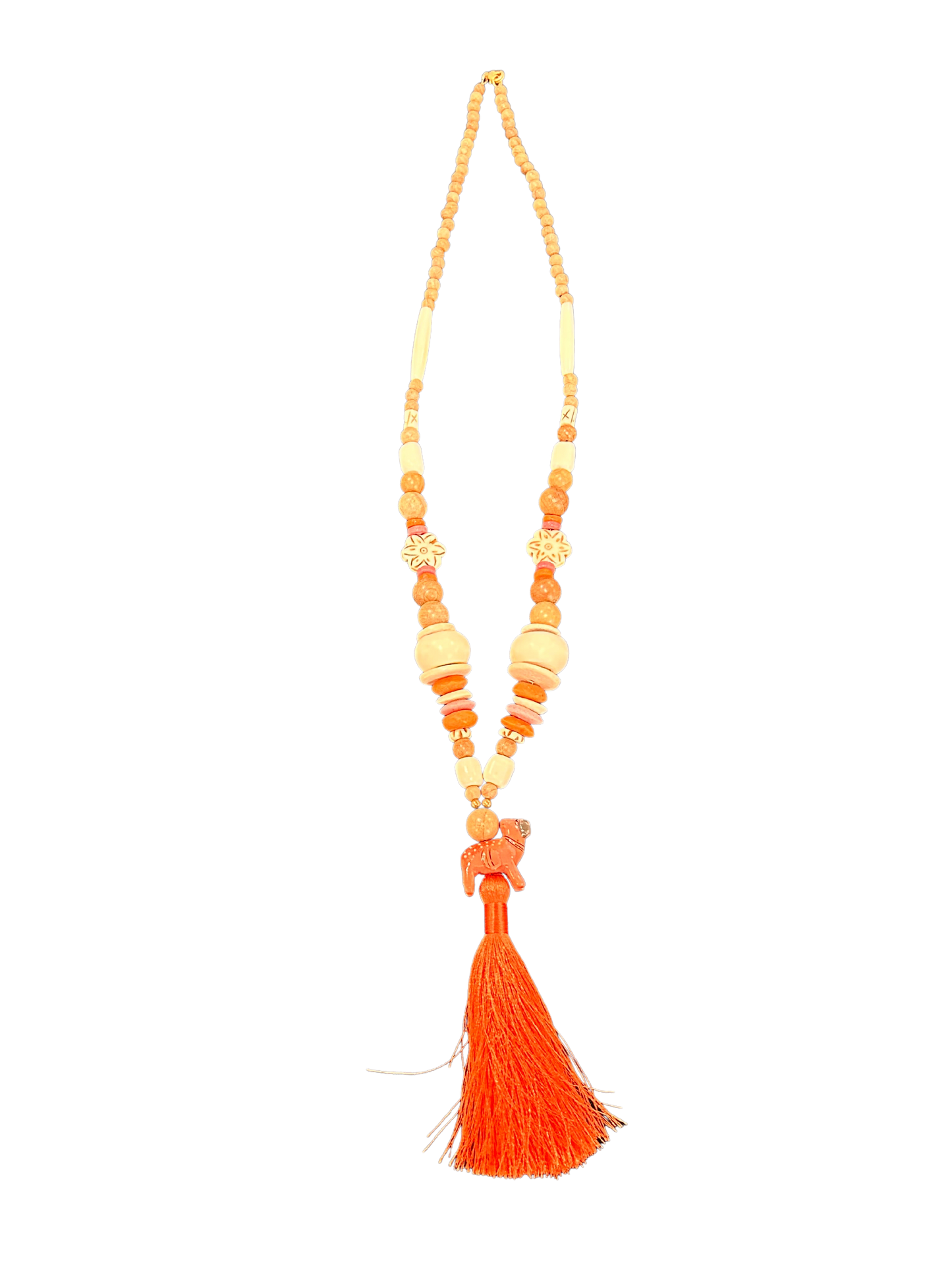 Animal and Wood Bead Necklace with Coral Tassel