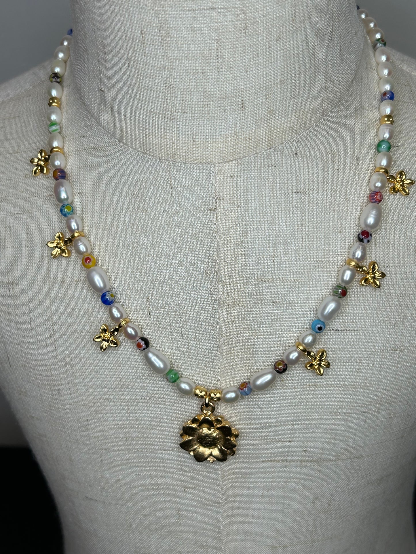 Mille Fiore Pearl and Gold Flower Necklace