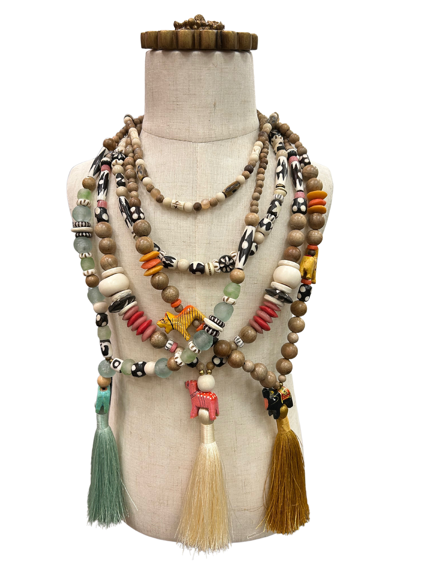 Multi Animal and Wood Bead Necklace with  Silky Tassel