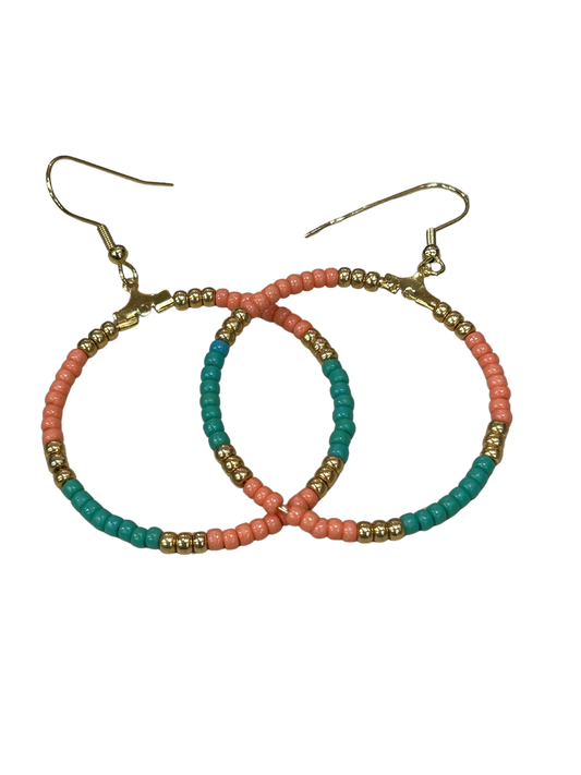 Coral and Green Beaded Hoop Earrings