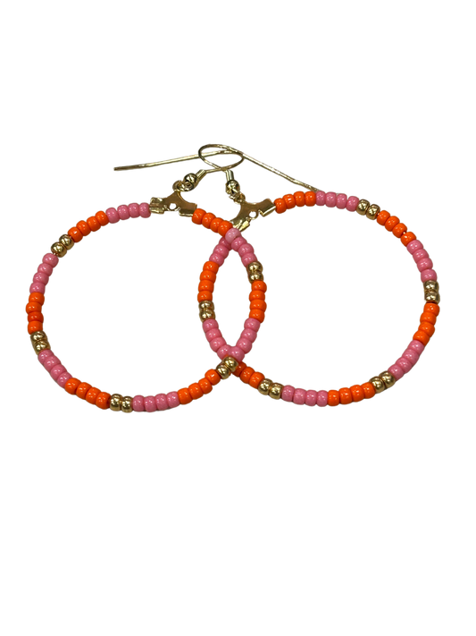 Pink and Orange Beaded Hoop Earrings